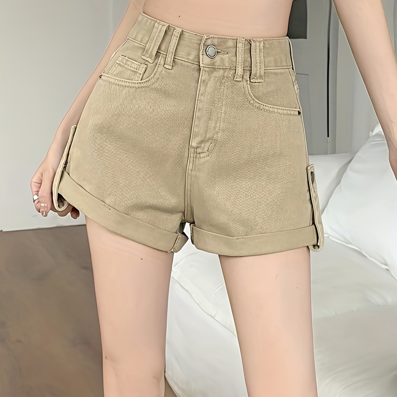 Distressed High Waist Denim Shorts for Women - Fashionable Slash Pockets A-Line Design, Comfortable Fit, Versatile Summer Style - Short Denim Pants, Womens Jeans Clothing