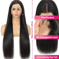 13x6 HD Transparent Lace Front Wig for Women - 180% Density, Pre-Plucked Straight Human Hair, Glueless Design, Natural Black Color, Versatile Styling Options for Ponytails and Braids