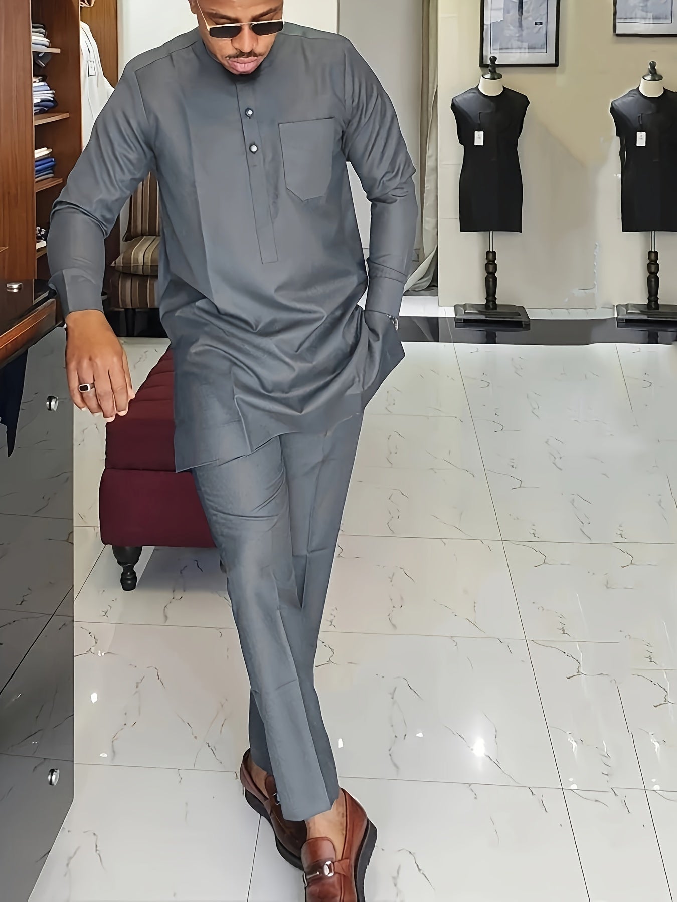 Men's Dashiki Suit, Long Sleeve, Round Neck, Shoulder Zipper, Pocket, Split Hem, Elastic Pants, African Clothing, Large Size Men's Suit, Men's Casual Shirt and Pants 2pcs Set, New Four Seasons 1 Set, Street Style, Party, Wedd