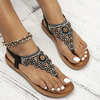 Women's Boho Style Flat Sandals, Flower Rhinestone Elastic Strap Slip On Shoes, Summer Beach Thong Sandals