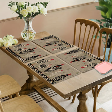 Farmhouse Rooster Kitchen Mats (2/4pcs) - Non-Slip, Washable Linen Placemats, Perfect for Dining & Home Decor, 12x18 Inches