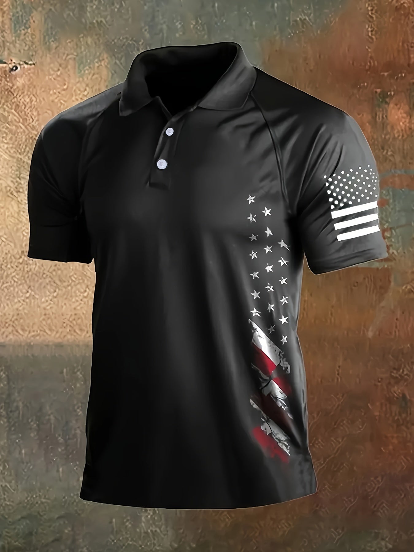 [American Flag Shirt] Lightweight American Flag Print Men's Casual Shirt - Comfortable Short Sleeve, Button-Up Collar, Black with Stars & Stripes Design, Polyester for Spring/Fall