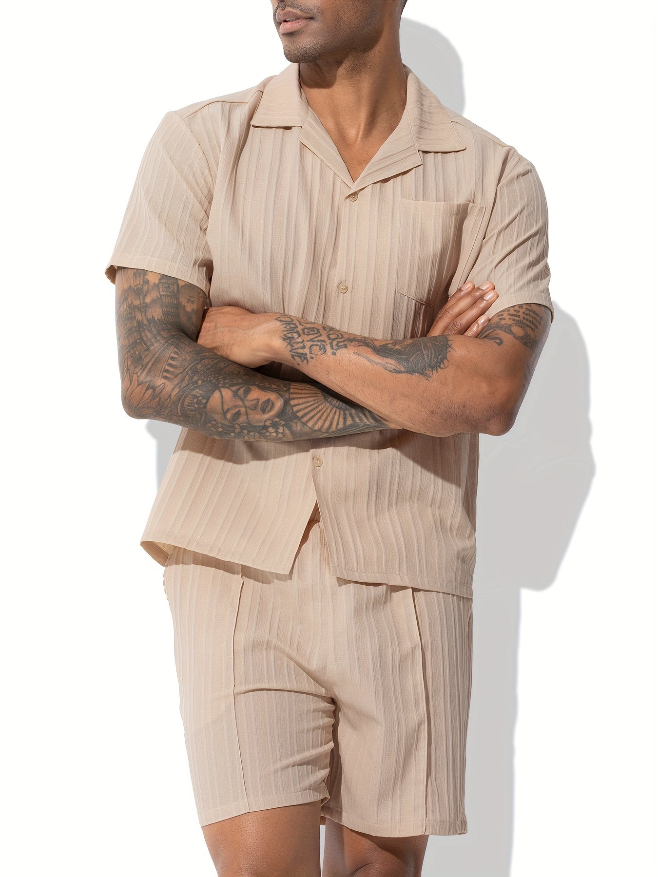 Men's Casual Shirt Set, Men's Casual Striped Shirt and Drawstring Striped Shorts Set, Men's Suit Collar Shirt Suit. Men's Summer Vacation, Everyday Wear Shirt Suit