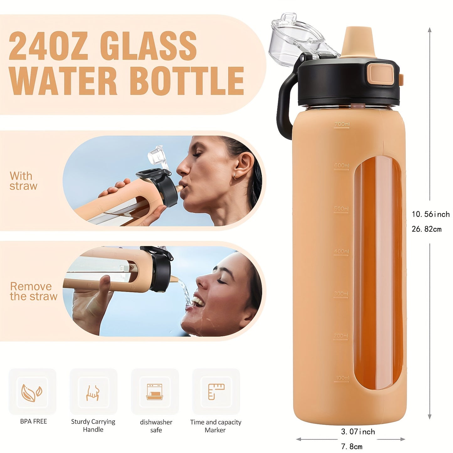 MUKOKO 24oz Glass Water Bottle With Straw, Motivational Water Bottles With Time Marker And Silicone Sleeve, Glass Bottle With Locking Lid And Carry Loop