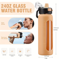 MUKOKO 24oz Glass Water Bottle With Straw, Motivational Water Bottles With Time Marker And Silicone Sleeve, Glass Bottle With Locking Lid And Carry Loop