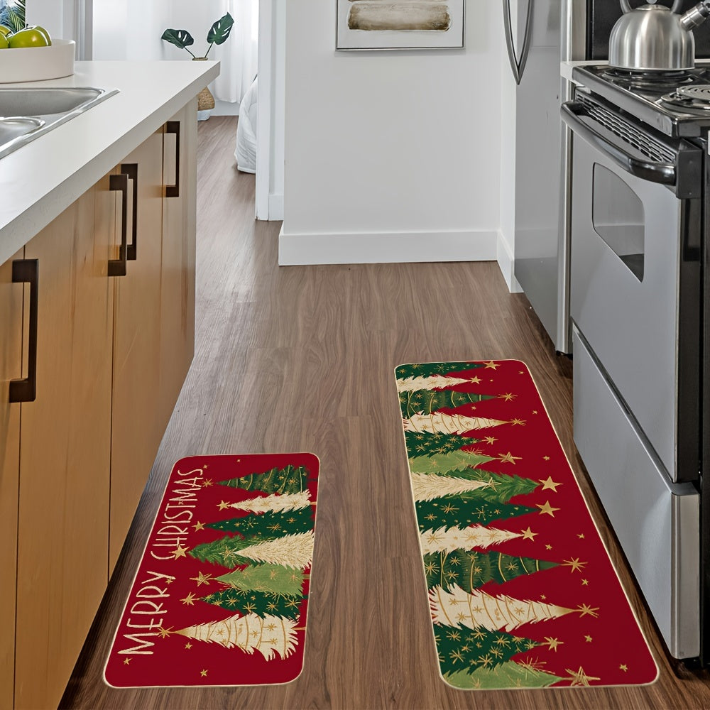 Merry Christmas Kitchen Mats Set Of 2, Red Xmas Tree Winter Farmhouse Style Home Kitchen Decorations Rugs For Floor- 17x29 And 17x47 Inch BT007