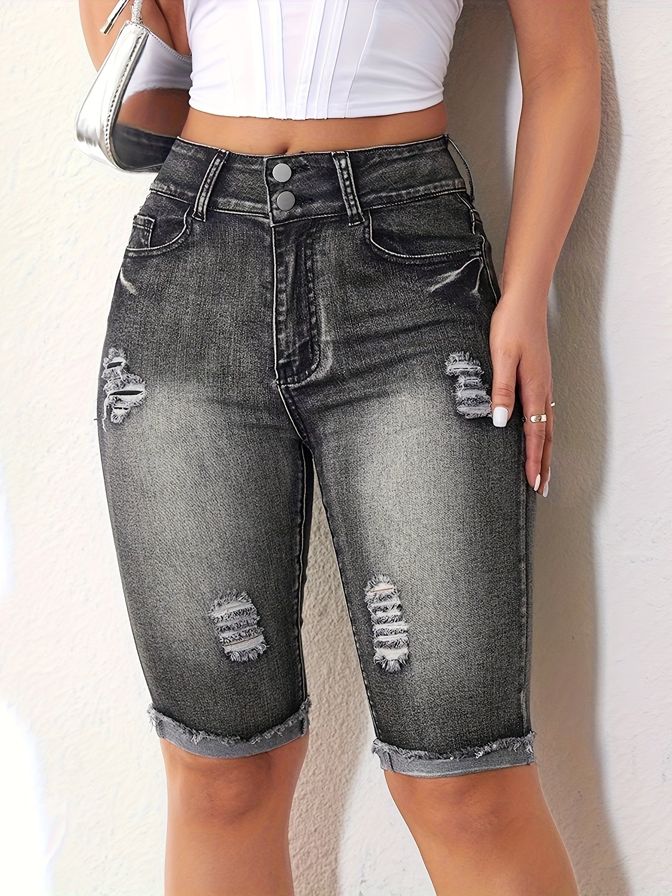 Ripped Roll Up Raw Hem Denim Shorts, Double Button Distressed Bermuda Denim Shorts, Women's Denim Jeans & Clothing