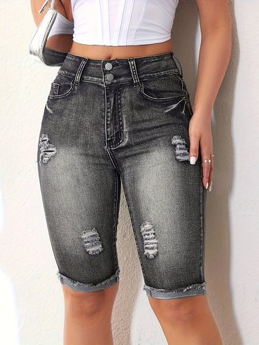 Ripped Roll Up Raw Hem Denim Shorts, Double Button Distressed Bermuda Denim Shorts, Women's Denim Jeans & Clothing