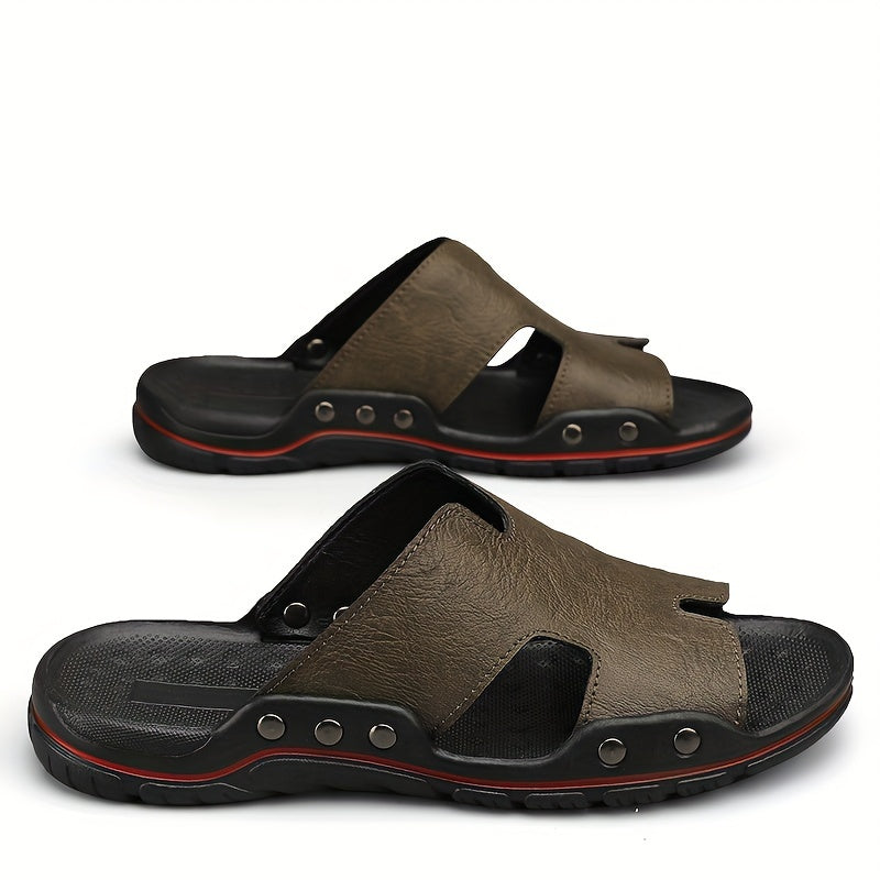 Men's Trendy Open Toe Breathable Split Cow Leather Upper Slippers, Comfy Non Slip Casual Rubber Sole Slides, Men's Footwear