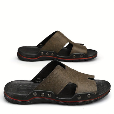 Men's Trendy Open Toe Breathable Split Cow Leather Upper Slippers, Comfy Non Slip Casual Rubber Sole Slides, Men's Footwear