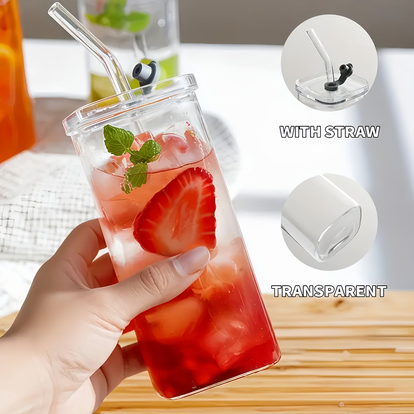 6pcs Square Lidded Glass Cups, Portable Drinking Cups, Iced Coffee Cups With Lids/straws, Father'S Day Cups, Perfect For Office, Party Supplies, Home, School, And Outdoor Use