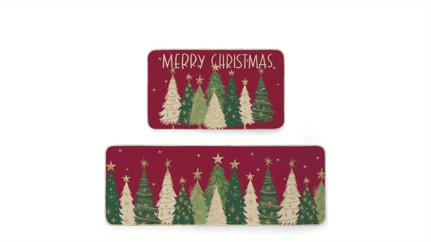 Merry Christmas Kitchen Mats Set Of 2, Red Xmas Tree Winter Farmhouse Style Home Kitchen Decorations Rugs For Floor- 17x29 And 17x47 Inch BT007