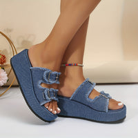 Stylish Womens Denim Platform Sandals - Square Open Toe, Buckle Strap, Slip-on, EVA Sole, Comfortable Strappy Back Slide Shoes for Summer Outdoor Activities