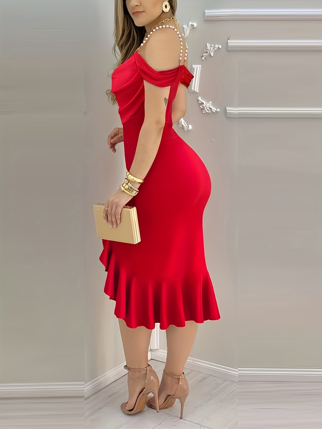 Shoulder Pearls Strap Bodycon Dress Cowl Neck Ruffle Hem Party Dresses