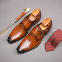 Men's Second Layer Cowhide Upper Solid Color Monk Shoes, Comfy Non Slip Rubber Sole Durable Dress Shoes, Men's Footwear
