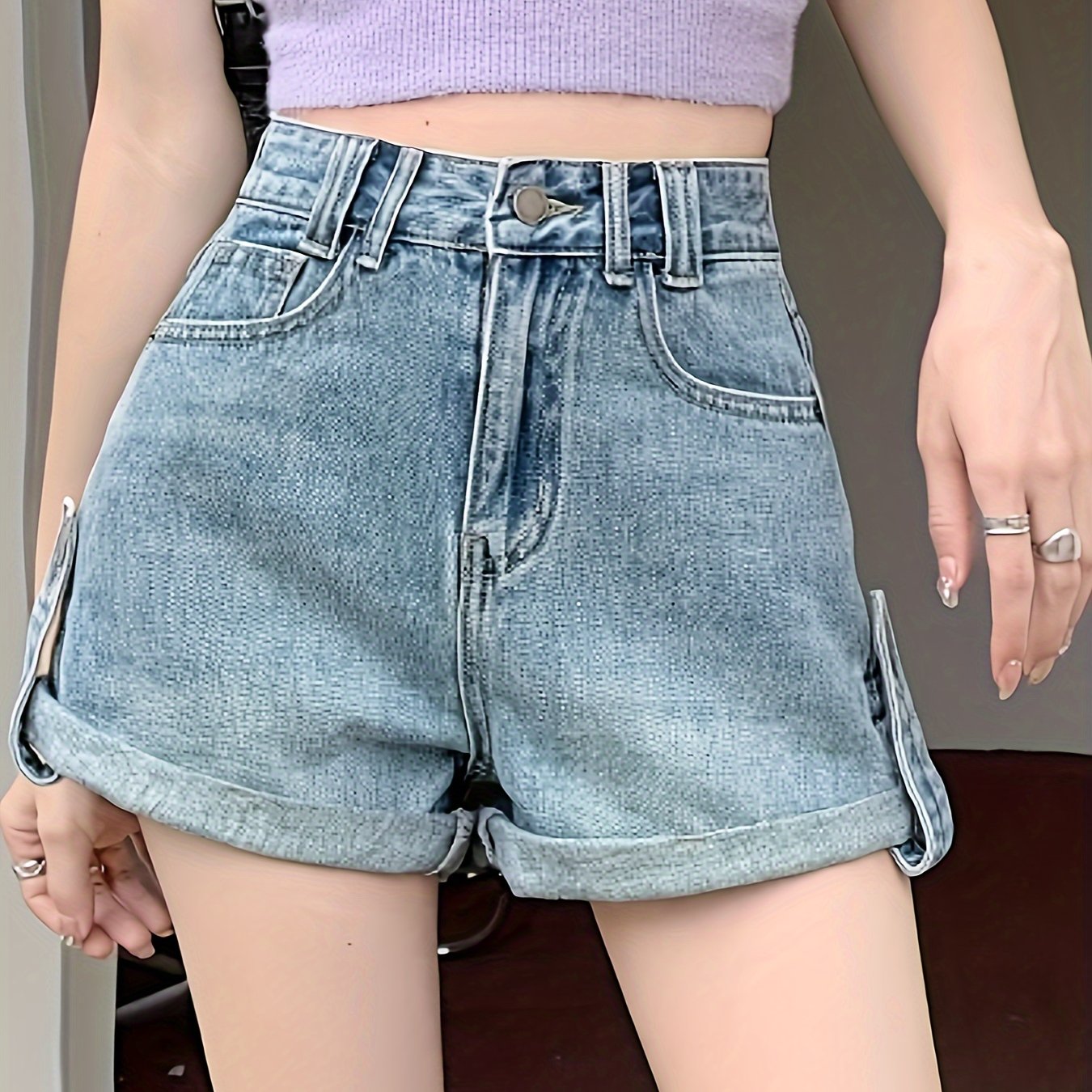 Distressed High Waist Denim Shorts for Women - Fashionable Slash Pockets A-Line Design, Comfortable Fit, Versatile Summer Style - Short Denim Pants, Womens Jeans Clothing