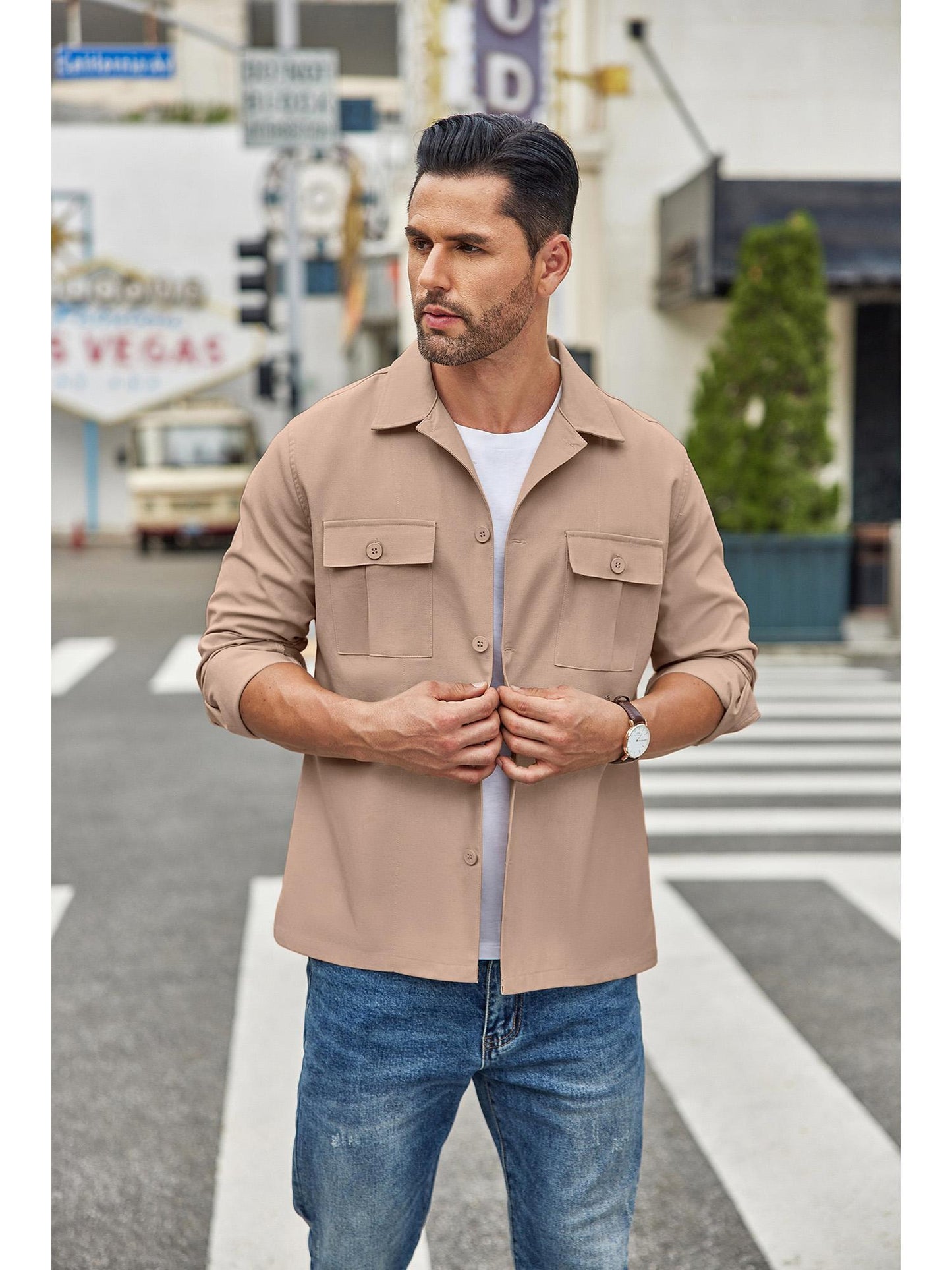 Men's Casual Shirt Jacket Linen Shacket Lightweight Work Coat Button Down Overshirt