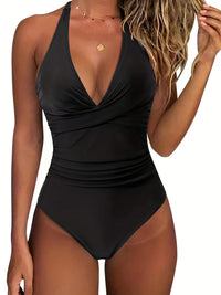 V Neck Halter Tie Neck One Piece Bathing Suit, Backless High Strech Plain Or Printed Swimsuit, Women's Swimwear & Clothing