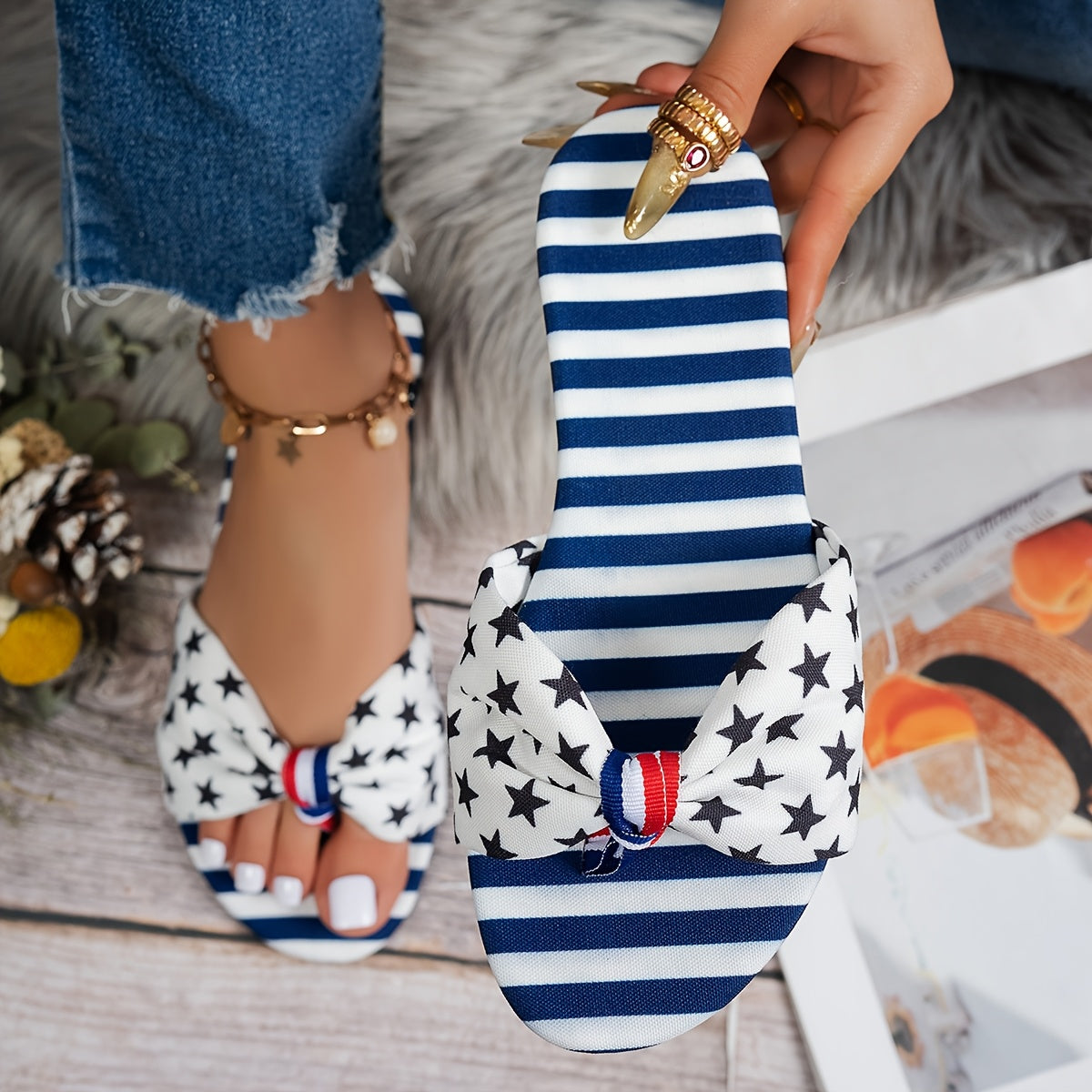 Four Season Strappy Back Canvas Slide Sandals - Comfortable Flat Heel Open Toe Shoes with Flag Pattern, Slip-on Closure, and Durable Rubber Sole for Daily Independence Day Wear