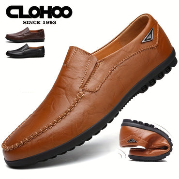[Comfortable Loafers] CLOHOO Men's Genuine Faux Leather Slip-On Loafers | Non-Slip Comfortable Casual Shoes with Round Toe, Black, Rubber Sole, Faux Cover Lining - All Seasons Durable Footwear, Sleek Loafer Design