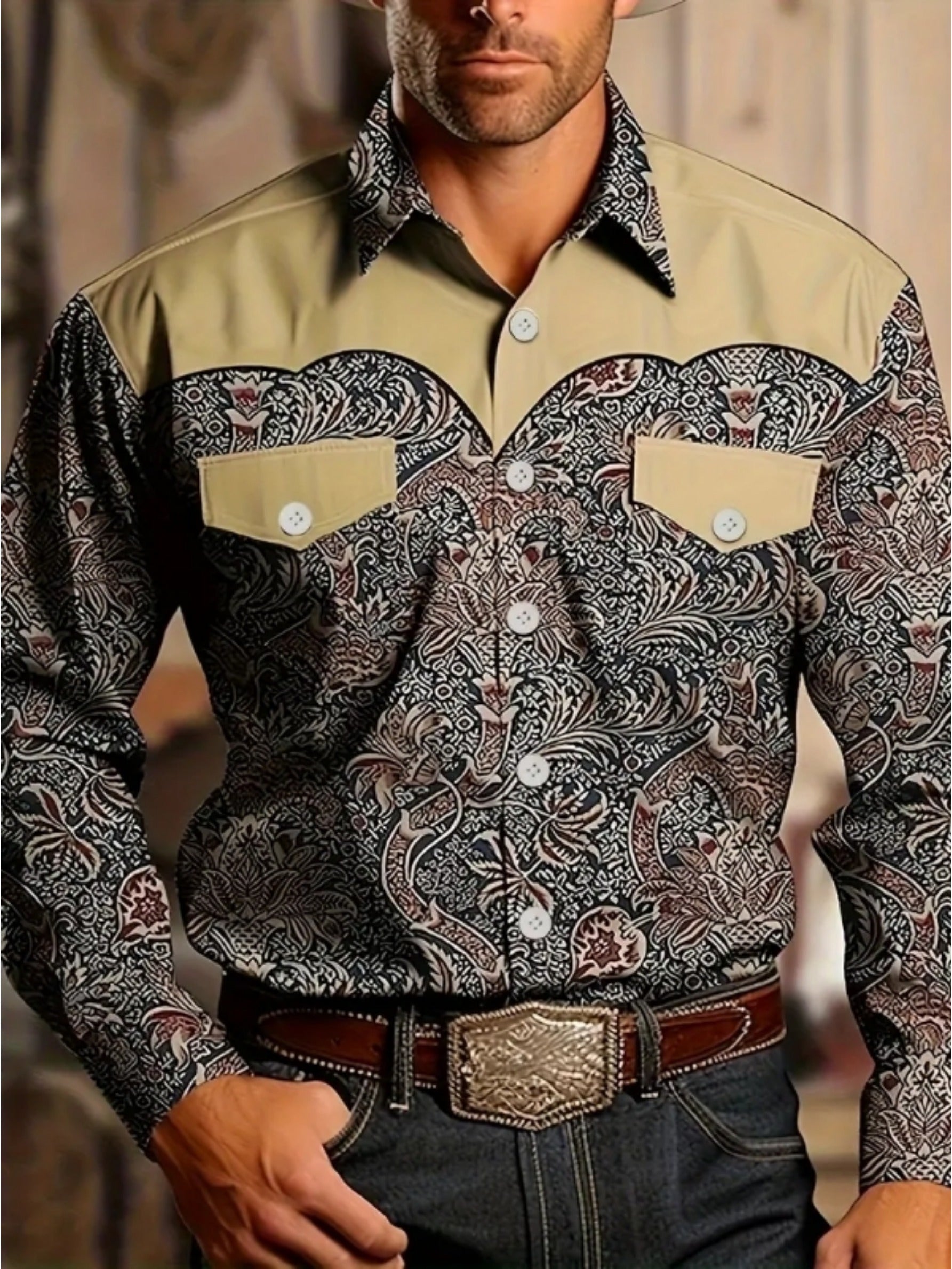 Men'S Casual Shirt, Geometric Pattern Print - Casual Buttons Long Sleeve Casual Party, Daily Festival, Four Seasons, Lapel Long Sleeve Outdoor Shirt, Comfortable Men'S Spring and Autumn Shirt, Fashion Top