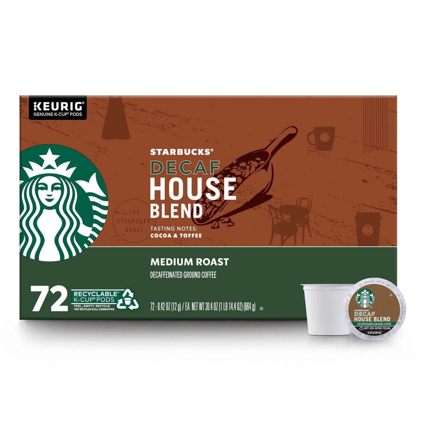 Starbucks Decaf House Blend Medium Roast Ground Coffee 72 K-Cup Pods