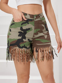 Women's Stretch Camo Tassel Denim Shorts - Sexy, High-Waisted with Fringe Detail, Cotton Blend, Perfect for Spring/Summer