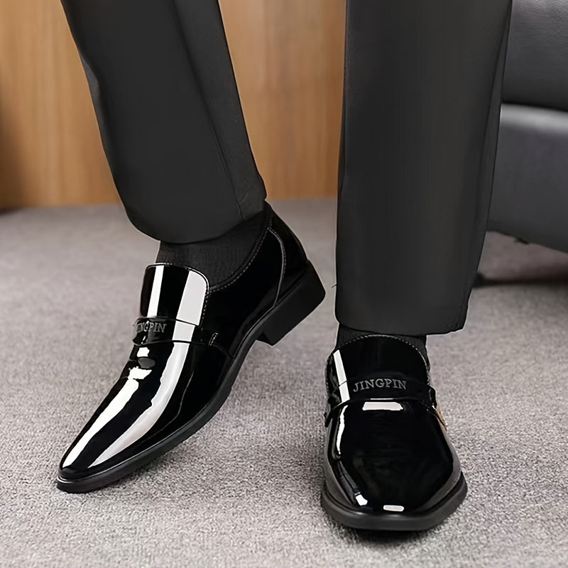 Men's Solid Color Faux Patent Leather Upper Slip On Loafer Shoes, Comfy Non Slip Casual Business Style Dress Shoes, Men's Footwear