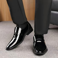 Men's Solid Color Faux Patent Leather Upper Slip On Loafer Shoes, Comfy Non Slip Casual Business Style Dress Shoes, Men's Footwear
