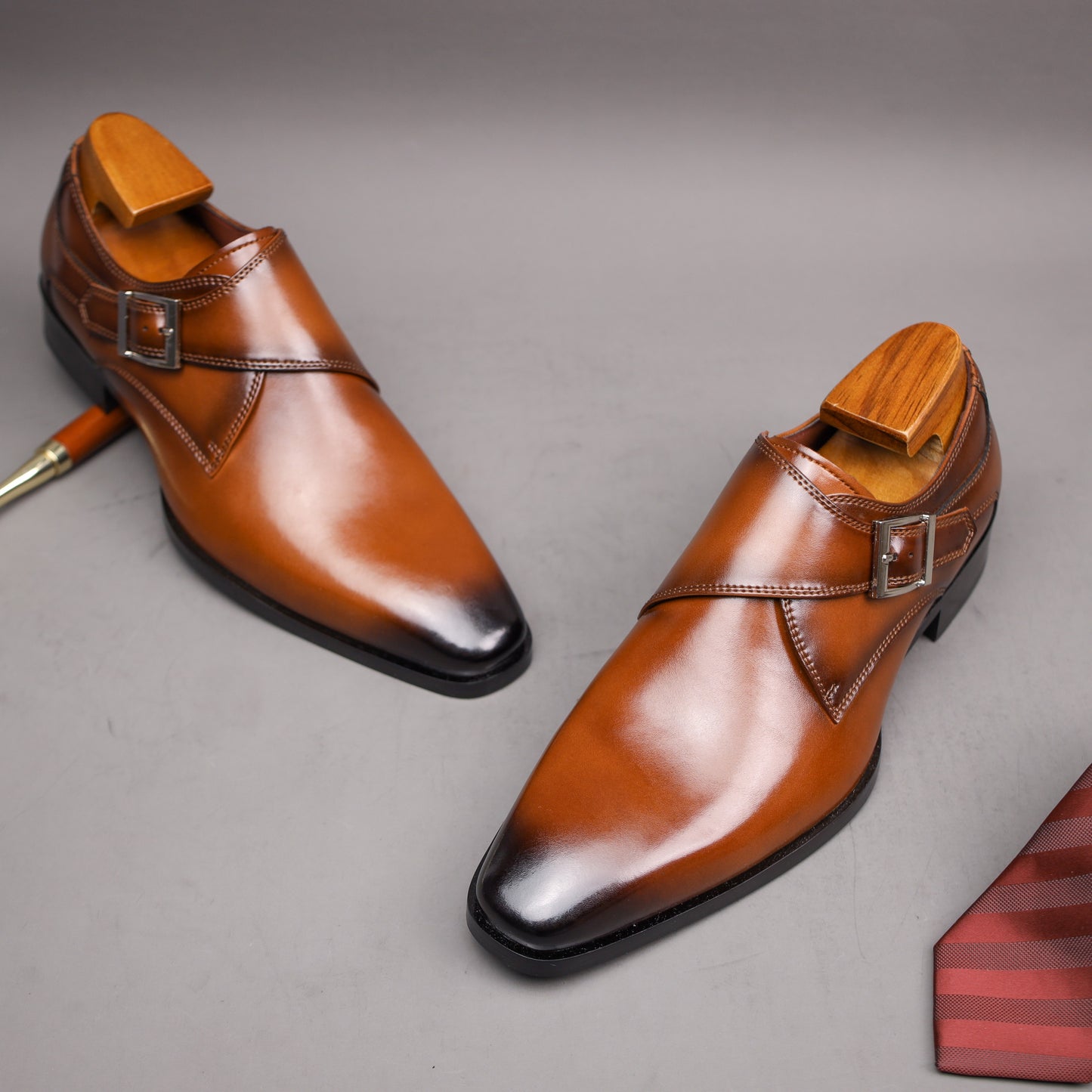 Men's Second Layer Cowhide Upper Solid Color Monk Shoes, Comfy Non Slip Rubber Sole Durable Dress Shoes, Men's Footwear