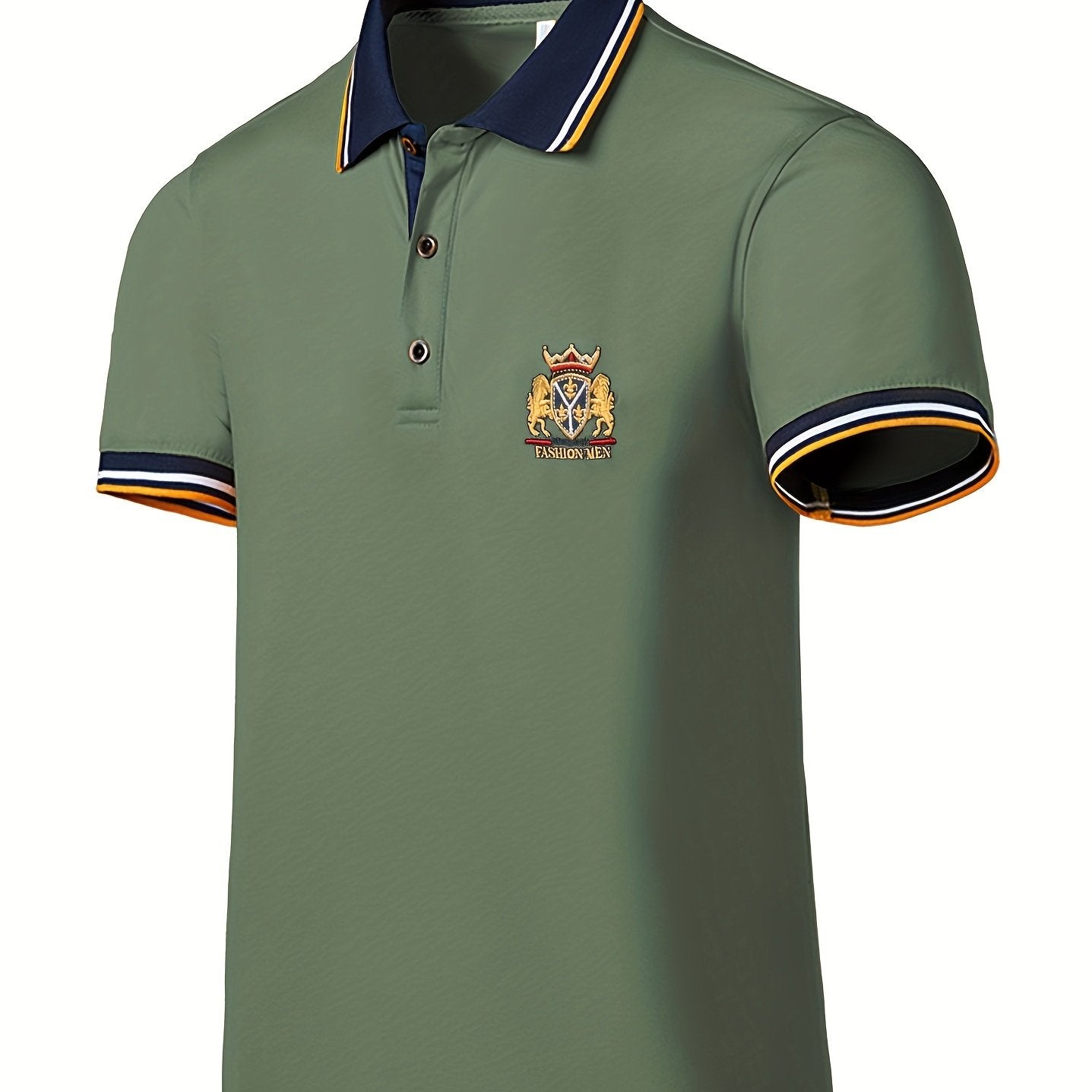 Men's Casual Shirt - Vibrant Red with Golden Embroidered Crest, Short Sleeve Summer Shirt, Regular Fit, Black & Yellow Trim Collar, Breathable Fabric for Casual & Semi-Formal Wear, Contrast Stripe Detailing