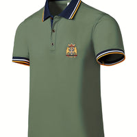 Men's Casual Shirt - Vibrant Red with Golden Embroidered Crest, Short Sleeve Summer Shirt, Regular Fit, Black & Yellow Trim Collar, Breathable Fabric for Casual & Semi-Formal Wear, Contrast Stripe Detailing