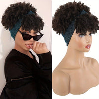Headband Wigs For Women, Synthetic Short Afro Kinky Curly Wigs Dark Brown Wig With Bangs Wrap Wigs 2 In 1 Turban Wig Drawstring High Puff Wigs Headwrap Wigs With Headband Attached Updo Music Festival