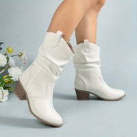 Mid Calf Women's Slouch Boots, Solid Color V-cut Slip On Cowgirl Low Heel Block Stacked Heels