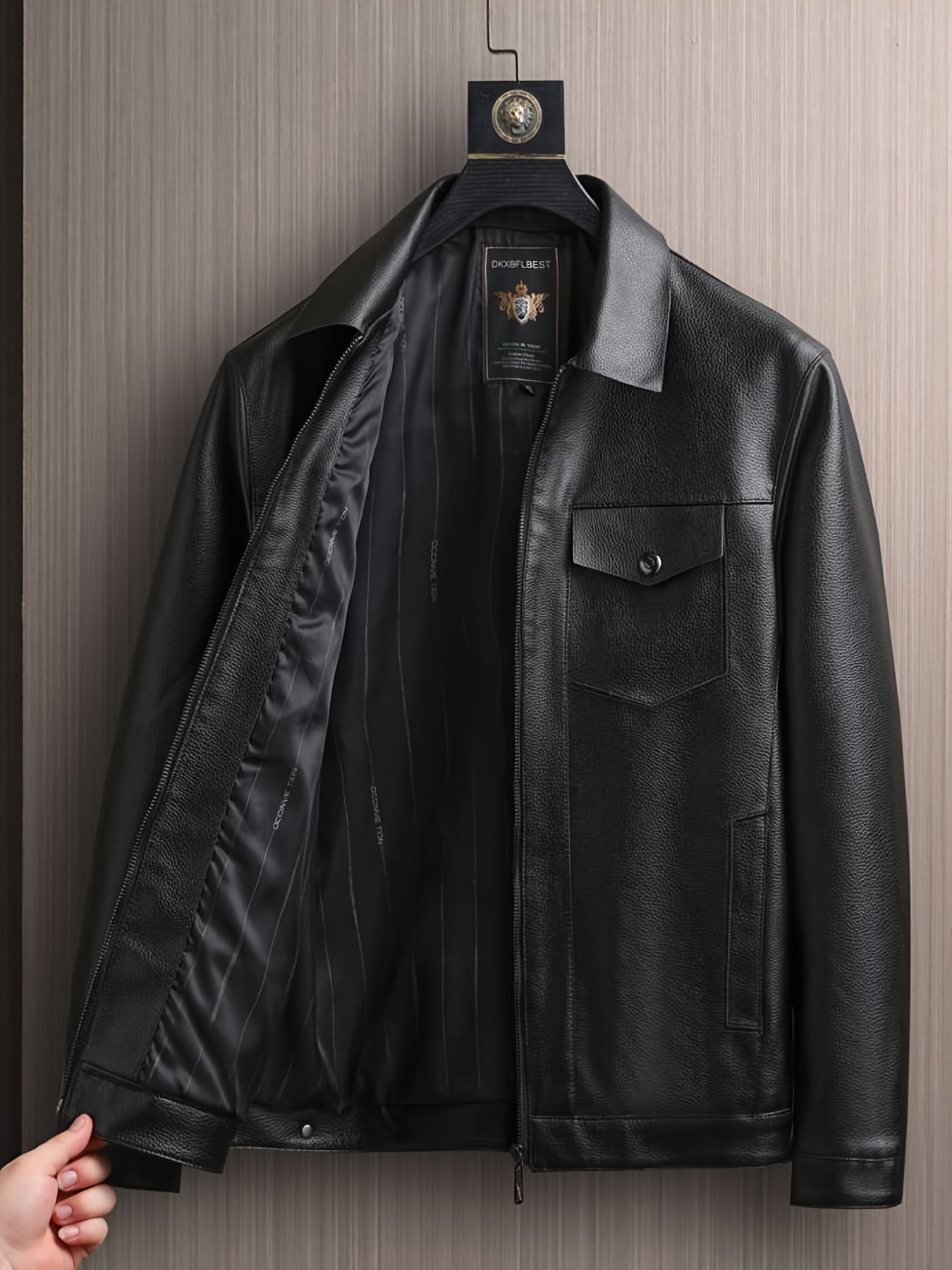 Full Zip Up PU Jacket, Men's Casual Windbreaker Jacket Faux Leather Coat Lapel Coat For Spring Autumn