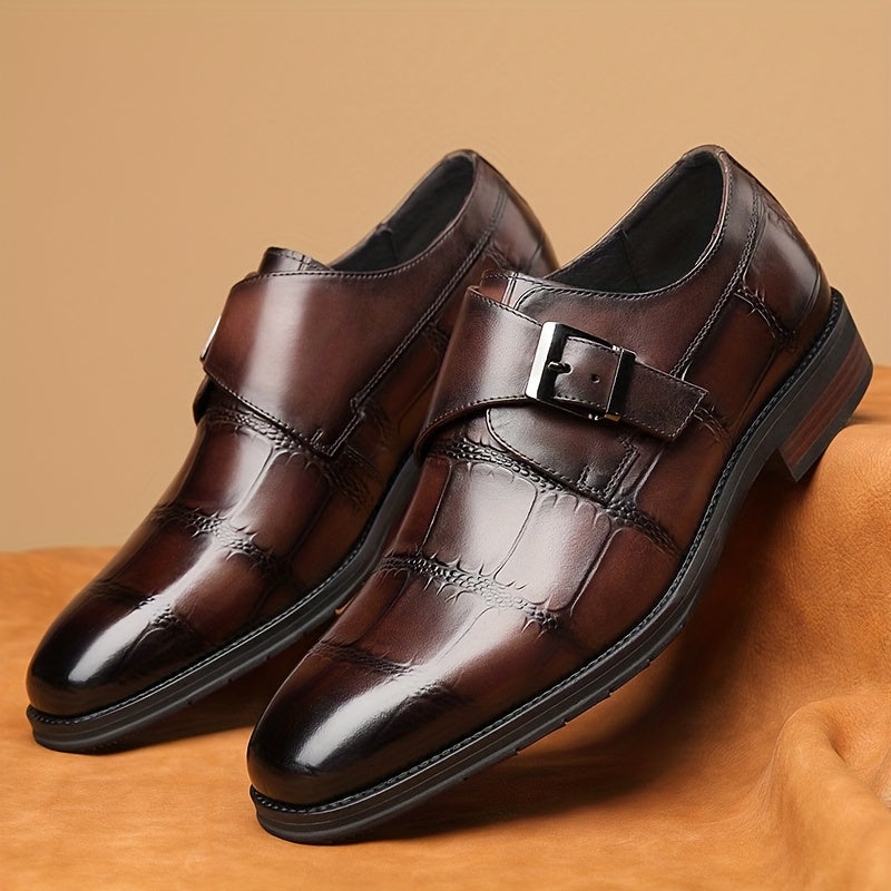Men's Solid Color Top Grain Cow Leather Upper Monk Shoes, Comfy Non Slip Rubber Sole Durable Dress Shoes, Men's Footwear