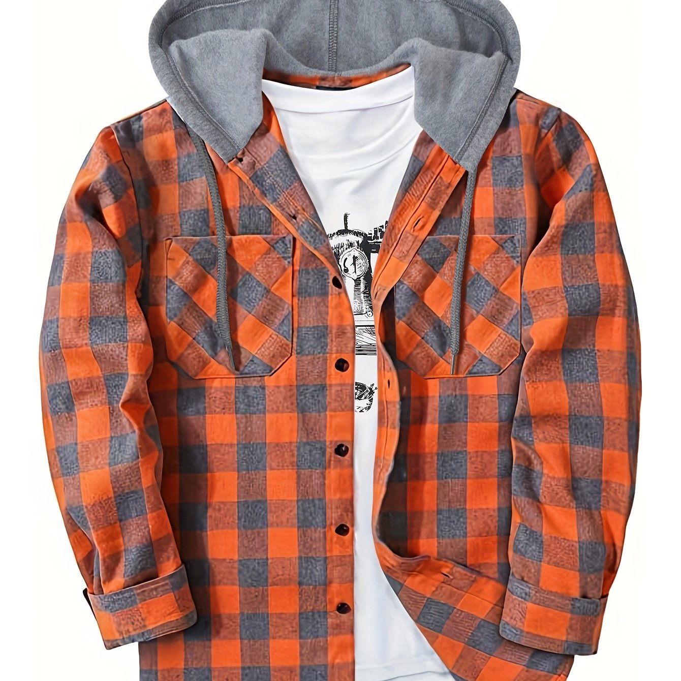 Long Sleeve Casual Regular Fit Button Up Hooded Shirts Jacket, Plaid Shirt Coat For Men