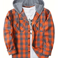 Long Sleeve Casual Regular Fit Button Up Hooded Shirts Jacket, Plaid Shirt Coat For Men