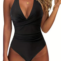 V Neck Halter Tie Neck One Piece Bathing Suit, Backless High Strech Plain Or Printed Swimsuit, Women's Swimwear & Clothing