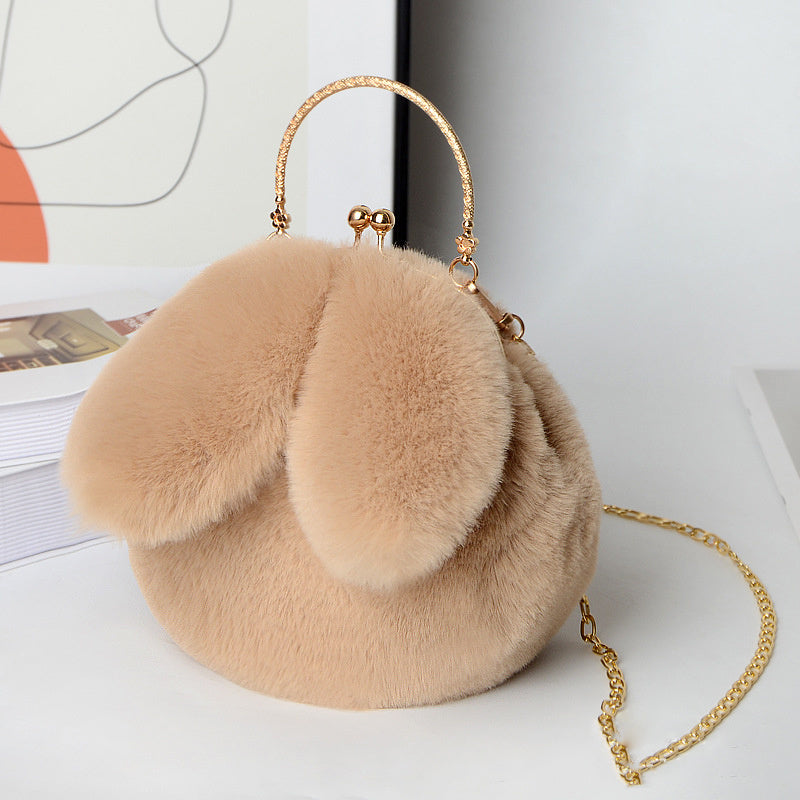 Kawaii Fluffy Bunny Kiss Lock Handbag – Stylish Year of the Rabbit Chain Shoulder Bag with Polyester Lining