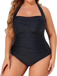 Plus Size Women's Retro One-Shoulder Ruched Tummy Control Swimsuit - High Elasticity Adjustable Side Ties, Solid Black Elegant Bathing Suit for Beach & Pool, Comfortable Swimwear | Smooth Texture Fabric, High Waisted Swimsuit