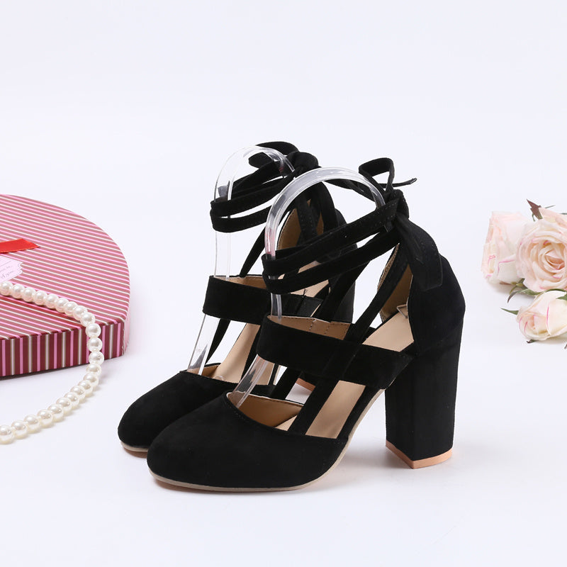 [Elegant Sandals] Elegant High Heel Sandals | Women's - Solid Color Fabric Upper, Round Toe, Lace-Up Ankle Strap, Block Heel, Rubber Sole, Man-Made Insole & Inner Material