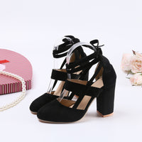 [Elegant Sandals] Elegant High Heel Sandals | Women's - Solid Color Fabric Upper, Round Toe, Lace-Up Ankle Strap, Block Heel, Rubber Sole, Man-Made Insole & Inner Material