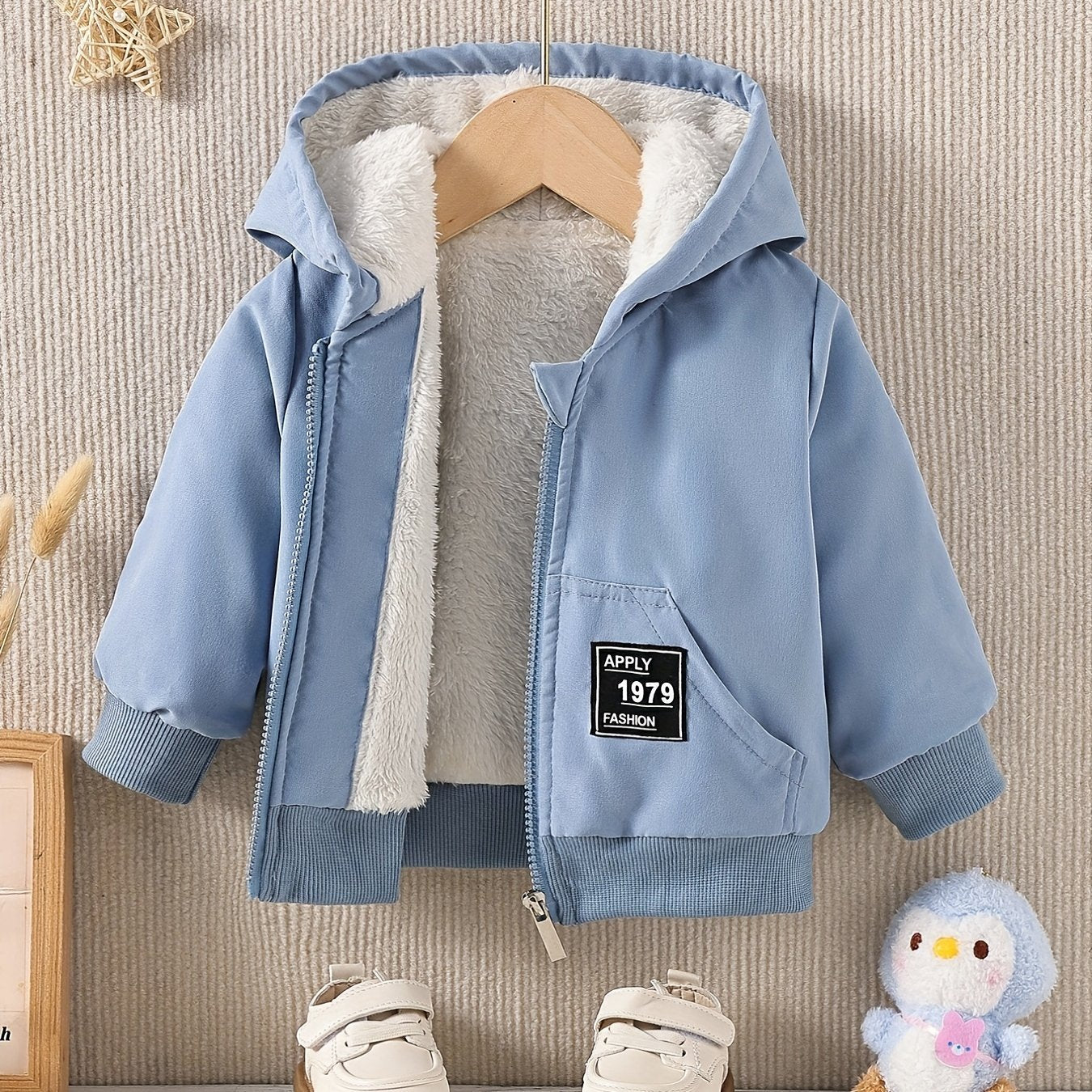 Kids Fleece Lined Warm Hooded Zipper Coat, Toddler Baby's Casual Hoodie Jacket