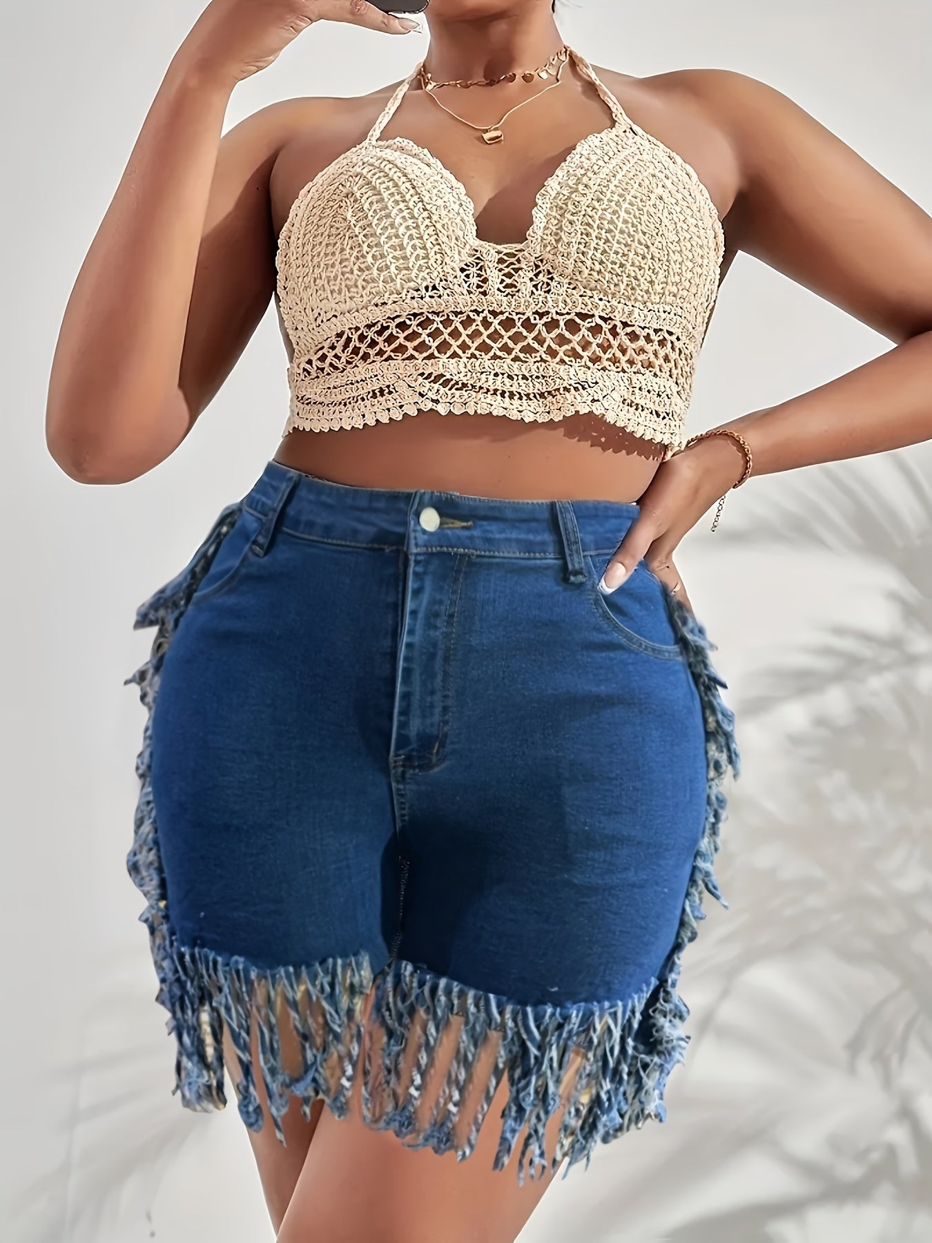 Plus Size Bohemian Chic Stretchy Denim Shorts - Ultra-Stretchy Fabric, Adjustable Elastic Waistband, Trendy Fringe Hem Detail - Designed for Curvy Women, Perfect for Summer Fashion, High-Quality Denim Material