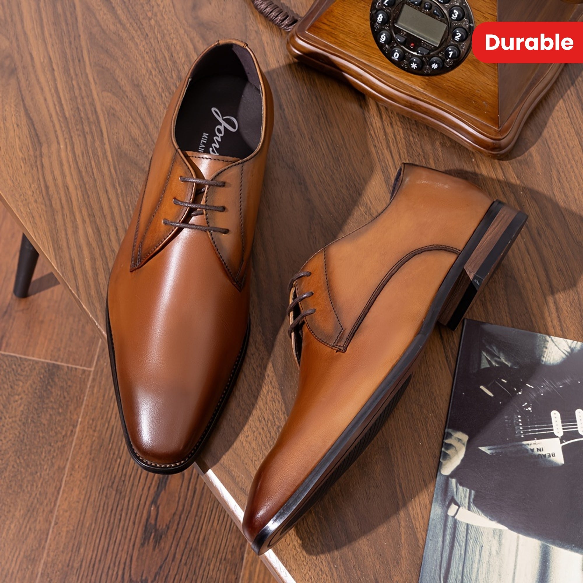 Men's Solid Colour Top Grain Leather Plain Toe Oxford Shoes, Comfy Non Slip Durable Rubber Sole Lace Up Formal Shoes, Men's Footwear