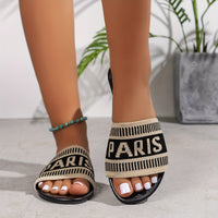 Womens Letter Print Slides - Ultra-Lightweight & Effortlessly Chic - Breathable Knitted Band Flats for Summer Casual Beach Wear - Quick-Dry, Stylish & Trendy