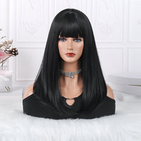 Natural Black Straight Synthetic Wig For Women With Bangs 18inch Cosplay Halloween Party Heat Resistant