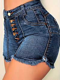 High-Waisted Single-breasted Buttoned Raw Hem Denim Shorts - Young women, fashion-conscious individuals, casual wear enthusiasts, summer shoppers - Navy Blue, Denim, Casual, Button, High Stretch - Suitable for Summer, Casual,