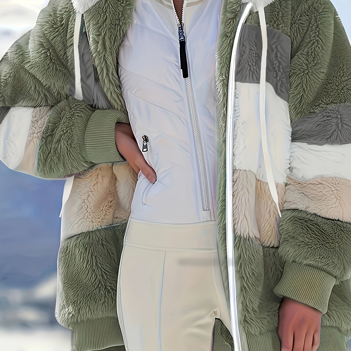 Womens Ultra-Soft Teddy Fleece Color Block Hooded Coat - Stylish Zip Up Winter Warm Outerwear with Full Hood and Long Sleeves - Trendy Casual Clothing for Chilly Days